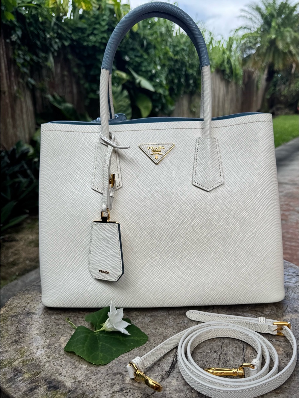 Prada Cream Saffiano Leather Tote with Blue Trim